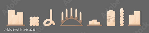 Aesthetic candles interior decor set. Different shapes and sizes modern interior candles set. Candles on wooden pedestal, small tea candle set, wooden bridge candle holder. Scandinavian boho style.
