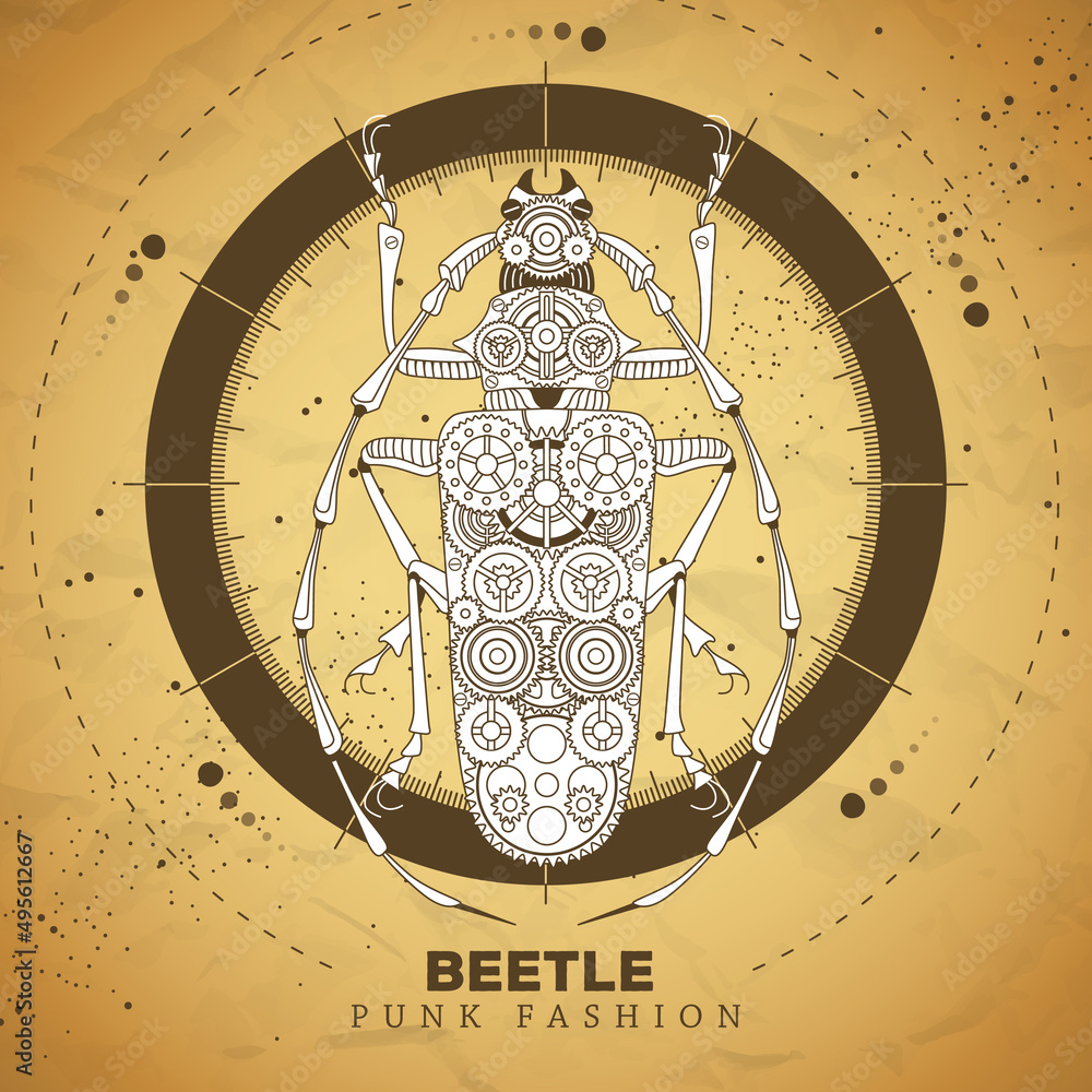 Longhorn beetle silhouette with gears on old paper texture background