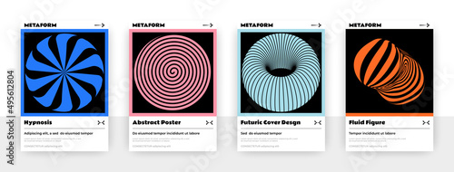 Set of abstract posters with optical illusions funnels geometric shapes