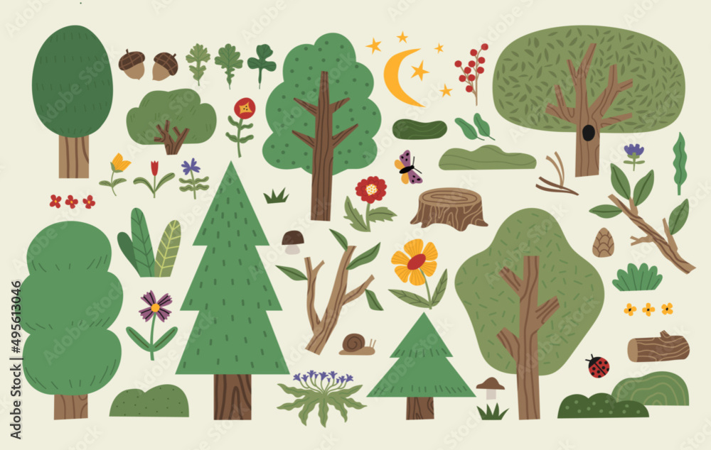 Collection of various forest trees and plants. Simple cute botanical set. Vector hand drawn illustration.