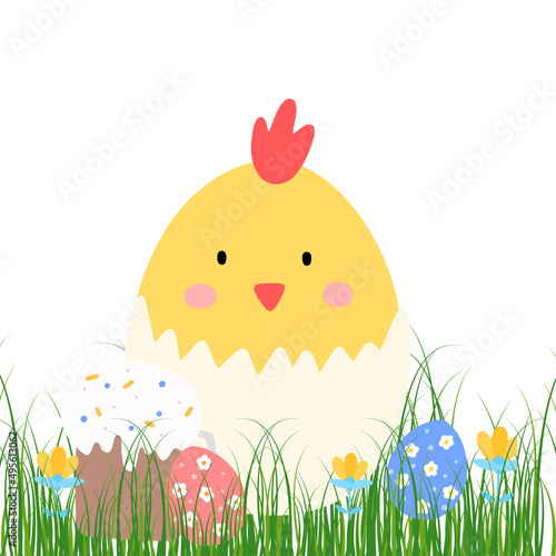 ute Easter vector card. Easter chick and easter eggs Illustration in scandinavian style for Card, Greeting, Banner.
