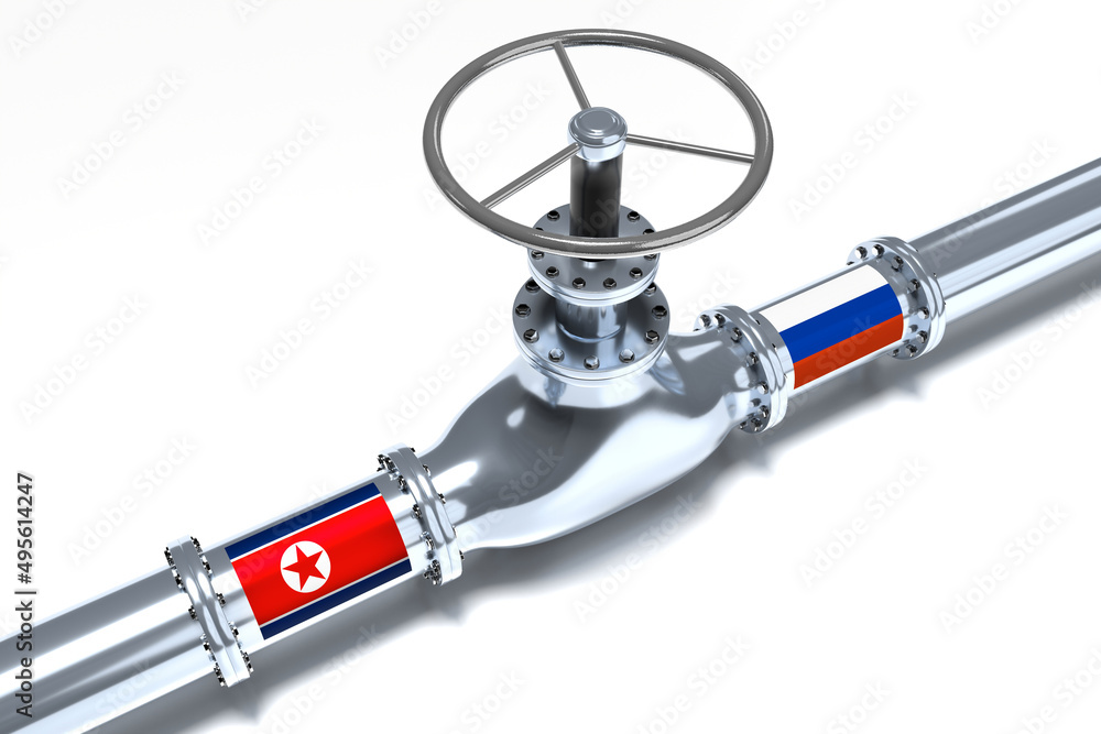 Gas pipeline, flags of North Korea and Russia - 3D illustration