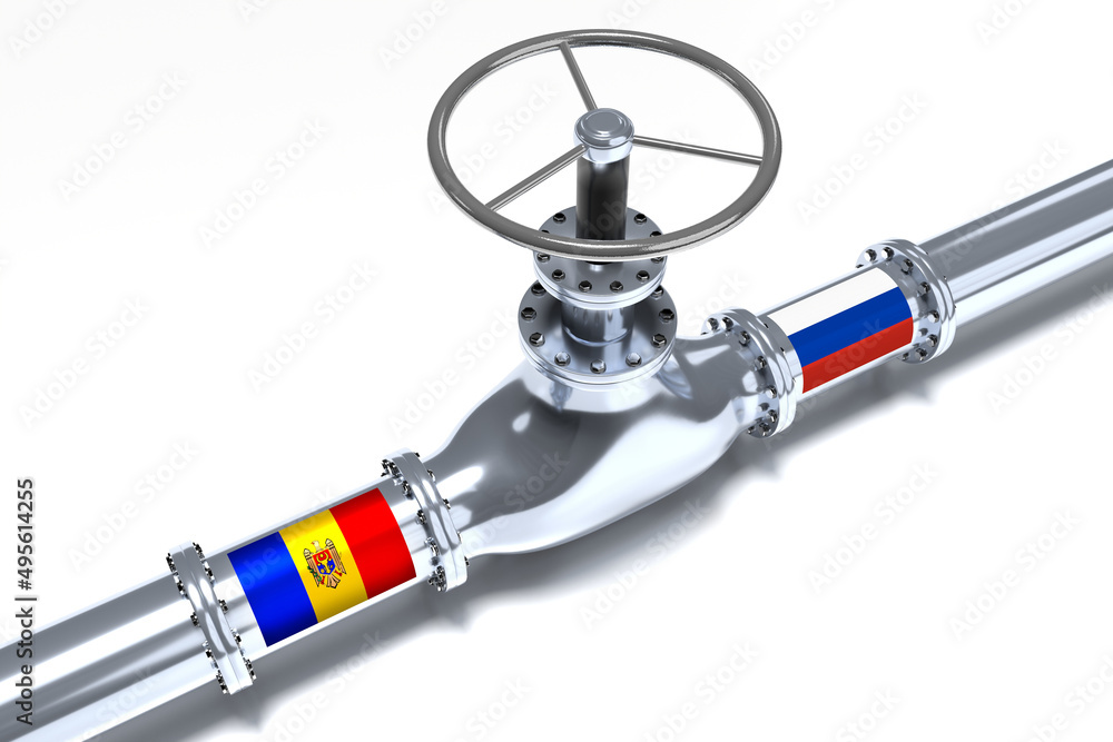 Gas pipeline, flags of Moldova and Russia - 3D illustration