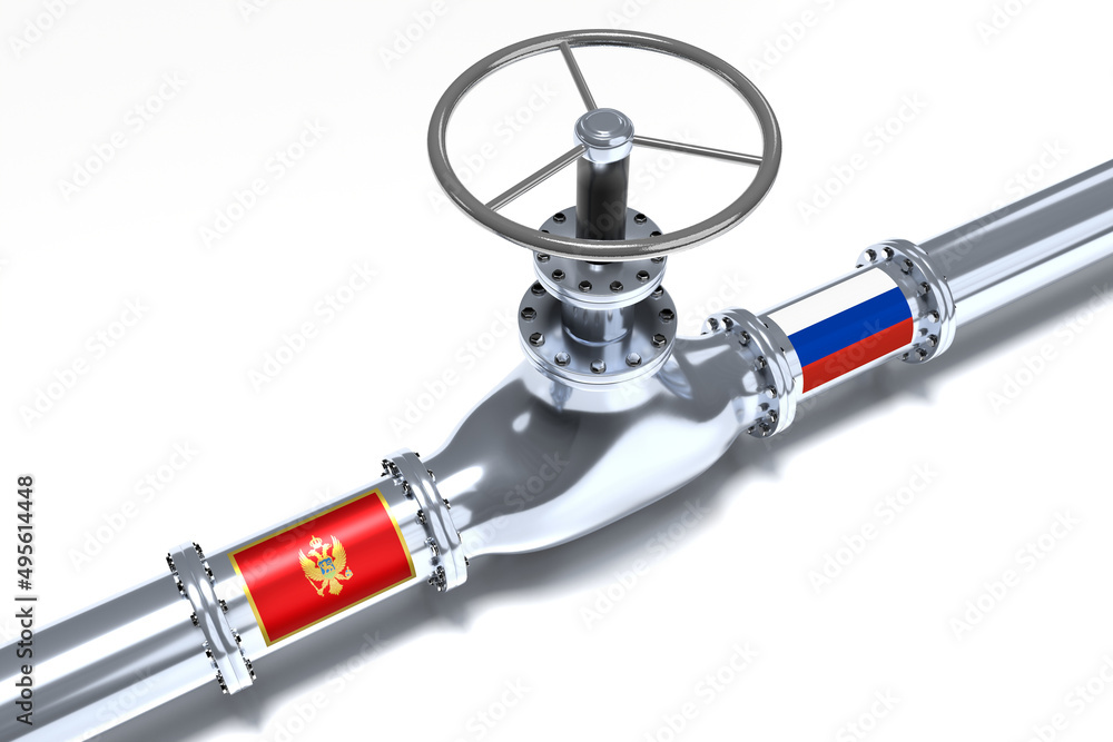 Gas pipeline, flags of Montenegro and Russia - 3D illustration