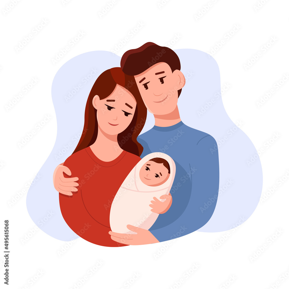 Happy family. Mother and father are holding a newborn baby. Young parents concept. Cute cartoon vector illustration. Happy family. Mother and father are holding a newborn baby. Young parents concept. Cute cartoon vector illustration.