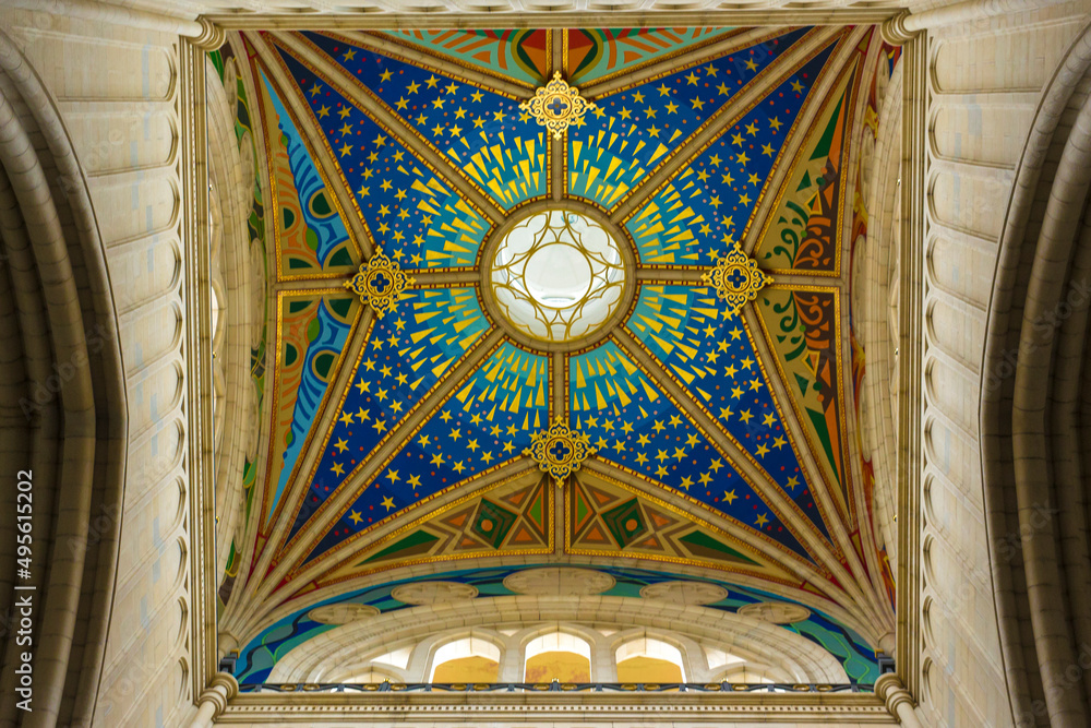 Interior of the square cupola of Almudena Cathedral in Madrid, Spain. 