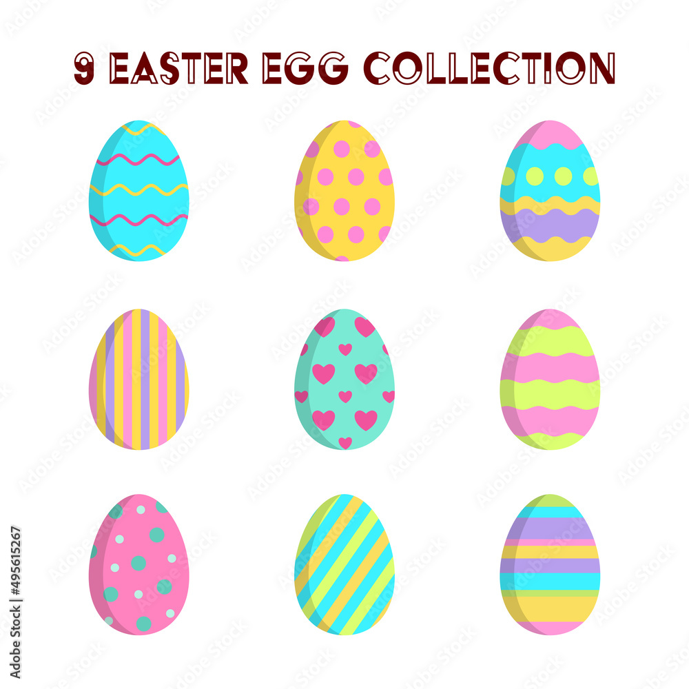 Set of nine Vector Easter eggs collection. Multicolor eggs with shadow.