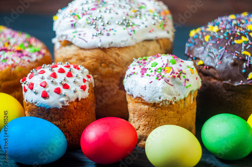delicious Easter cake with colored eggs for the religious holiday Easter in spring in April