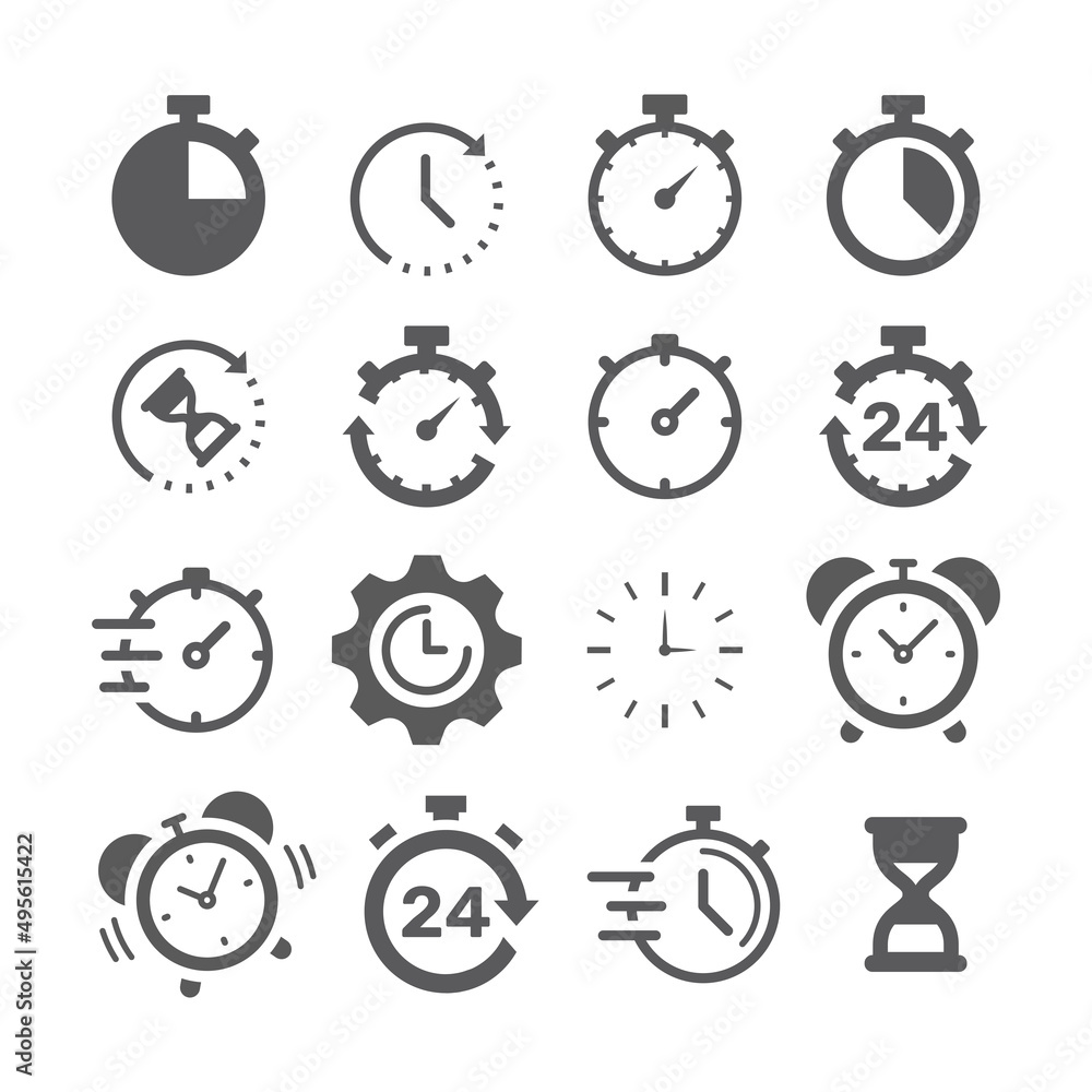 Clock, stopwatch black vector icon set. Chronometer, fast watch and 24 hours filled icons. Clock, stopwatch black vector icon set. Chronometer, fast watch and 24 hours filled icons.
