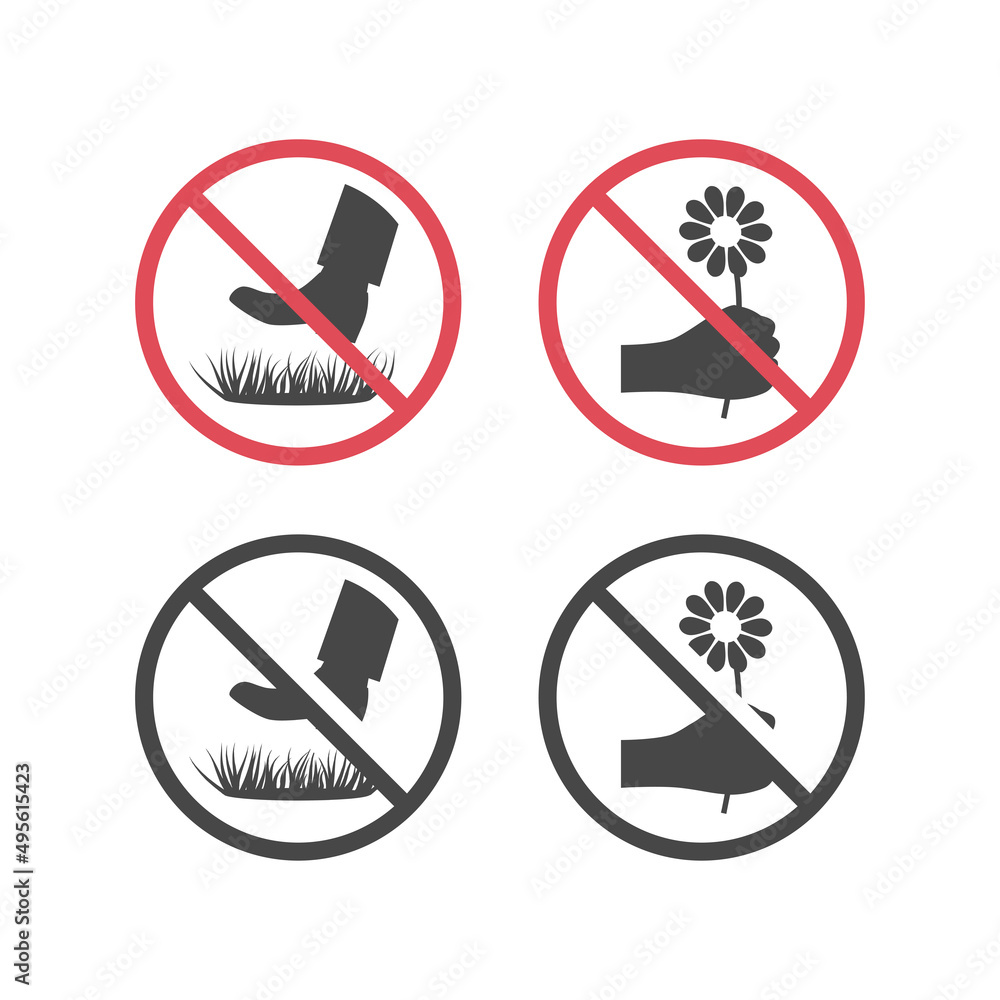 Do not pick the flowers and keep off grass sign. Red prohibition vector ...