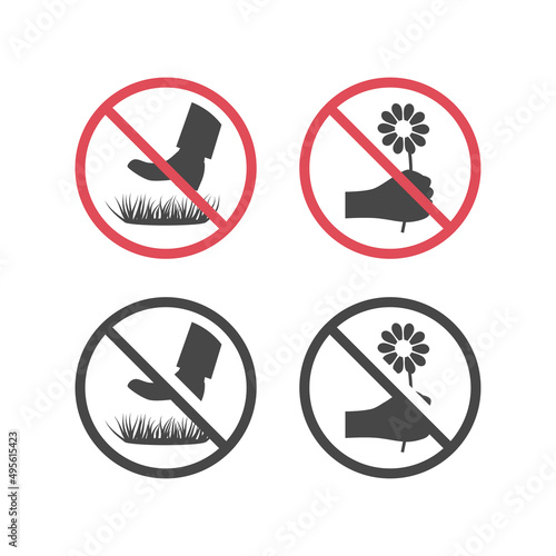 Do not pick the flowers and keep off grass sign. Red prohibition vector sign no walking on lawns, no picking.