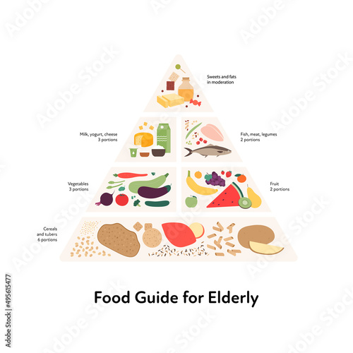 Healthy food plate guide for elder concept. Vector flat illustration. Pyramid infographic chart with recommendation for senior adult diet. Colorful meat, fruit, vegetables and grains icon set.