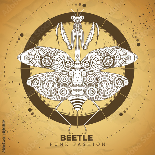 Praying mantis silhouette with gears on old paper texture background. Punk style. Vector illustration