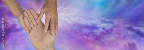 Foto Palm Reading Message Background Banner -  female holding and examining male flat