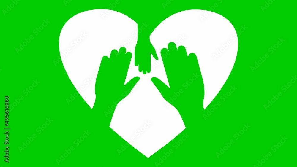 Animated family icon, heart and hands signs. Black heart beats. Family concept. Symbol of child care. Vector illustration isolated on the green background. Animated family icon, heart and hands signs. Black heart beats. Family concept. Symbol of child care. Vector illustration isolated on the green background.