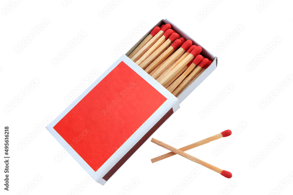 Open full box of matches on white background. two more wood match stick  near the match box with clipping path. Stock Photo