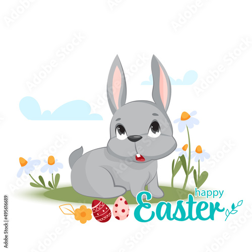 A cute little rabbit in the grass with Easter attributes and a text composition. Vector illustration. Flyer  card  postcard  poster.