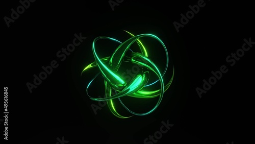 3d illustration of 4K UHD green atom model in darkness