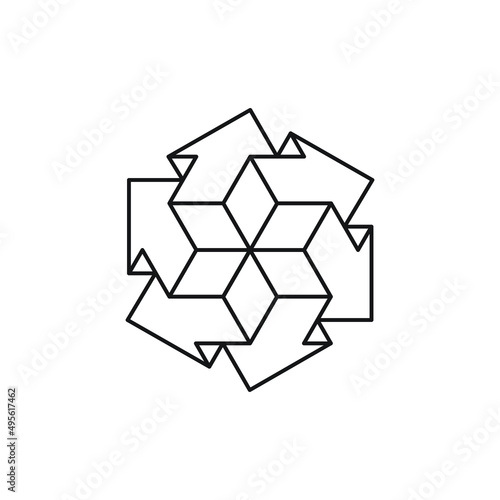 3d symmetrical line art design of several block arrows pointing in all directions. Geometric black outline shapes on a white background.