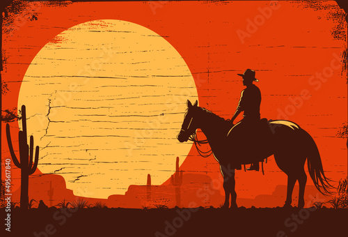 Murais de parede Silhouette of cowboy riding horse at sunset on a wooden sign, vector