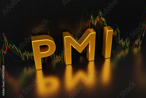 Purchasing Managers Indexes - pmi  sign in gold letters on the background of a chart of oil from the Forex market with Japanese candlesticks with reflection, 3D rendering photo