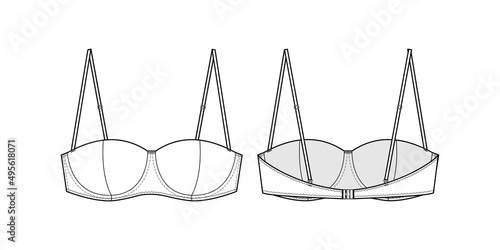 Fashion technical drawing of balconette bra. Brassiere fashion flat sketch 