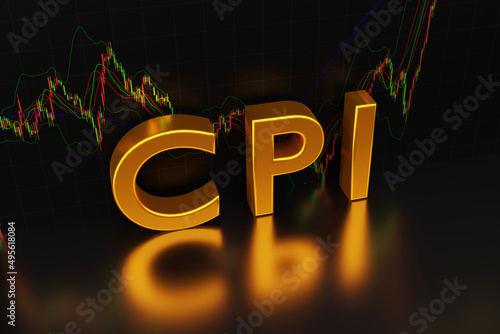 Consumer price index - cpi sign in gold letters on the background of a chart of oil from the Forex market with Japanese candlesticks with reflection, 3D rendering