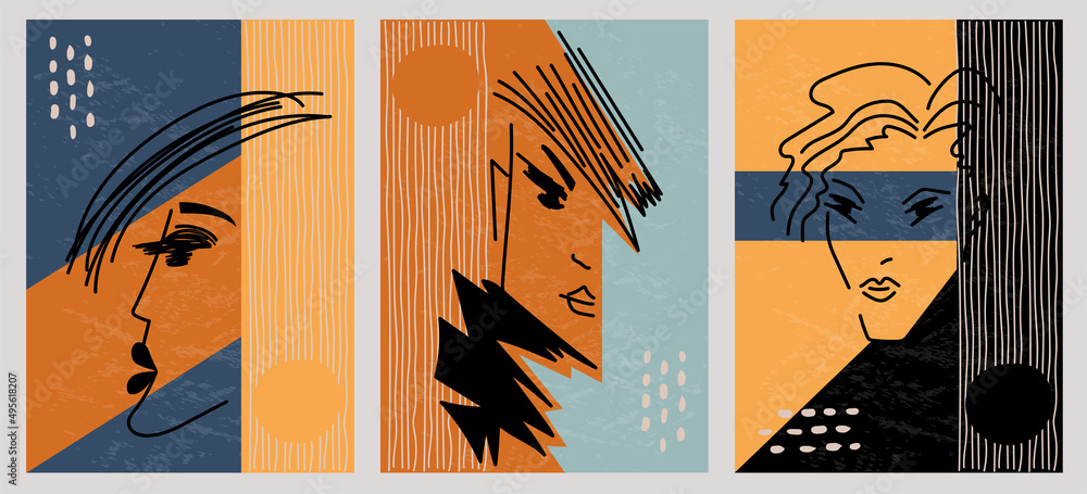 Set of creative abstract graphic textured portraits. Face design vector illustration. For postcard, poster, brochure, cover design, web. Set of creative abstract graphic textured portraits. Face design vector illustration. For postcard, poster, brochure, cover design, web.