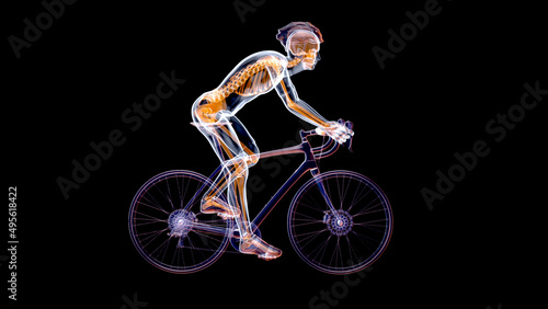 3D Illustration of an anatomy of a X-ray cyclist riding with abstract art