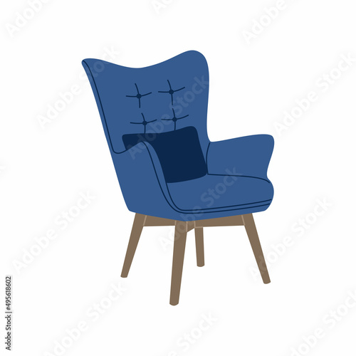 Blue comfortable lounge armchair in scandinavian style. Stylish design element for cozy home interior. Hand drawn vector illustration isolated on white background. Modern flat cartoon style.