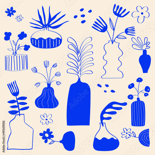 Abstract plants. Set of creative minimalist hand painted illustrations with decorative branches, leaves, vases and abstract flowers.  Doodles floral vector illustration