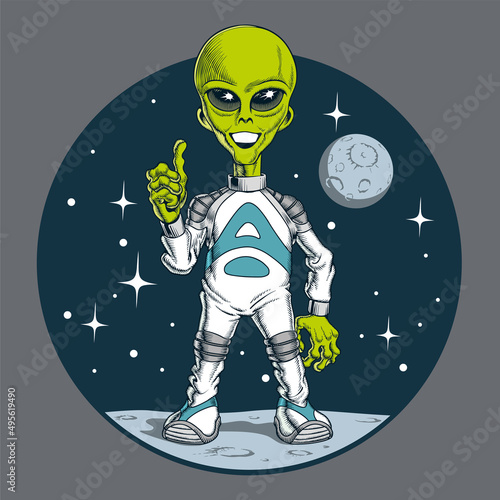 Cute alien character. Green extraterrestrial humanoid standing on another planet, showing thumb up gesture. Comic book style vector illustration.