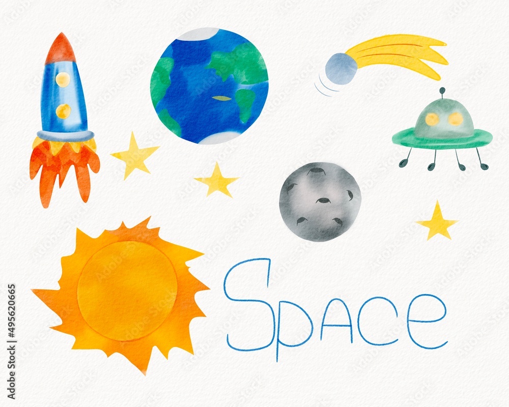 set of space icons Watercolor set of space icons Watercolor