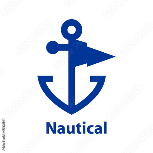 Logotipo con texto Nautical y silueta de ancla de barco con bandera con líneas en color azul