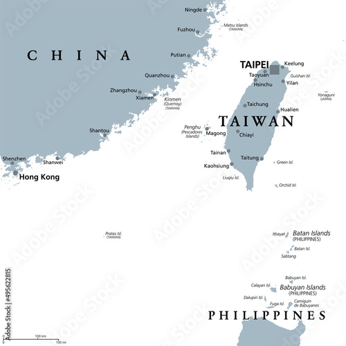 Taiwan Area, gray political map, with capital Taipei. Free Area of the Republic of China, ROC. Main Island and island groups of Taiwan, located between the East and the South China Sea. Illustration.