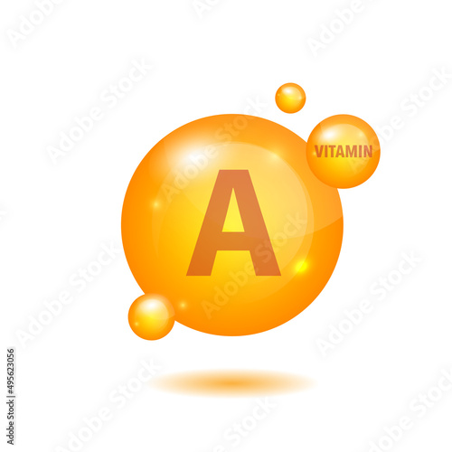 Vitamin A gold shining icon. Ascorbic acid. Shining golden substance drop. Nutrition skin care. Vector 