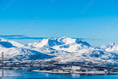 View on the Norwegian mountains around the city of Tromso, Norway, copy space