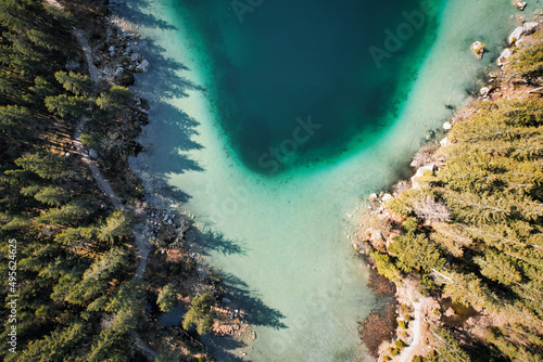 Beautiful green lake Hintersee Ramsau Berchtesgardner Land Alps birds eye view drone DJI Air 2s