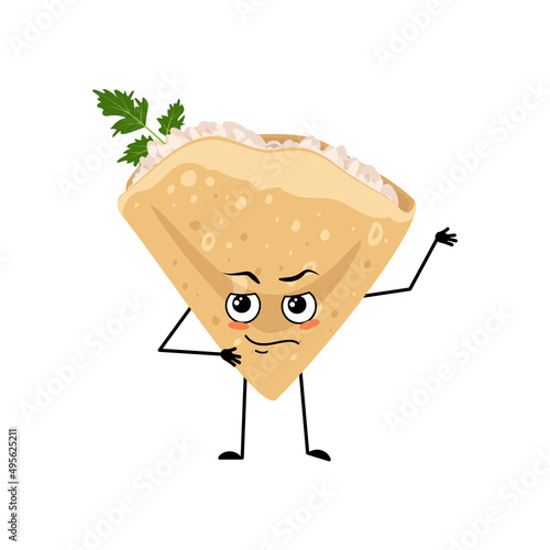 Pancake character with emotions of hero, brave face, arms and leg. Baking person, homemade pastry with courage expression. Vector flat illustration