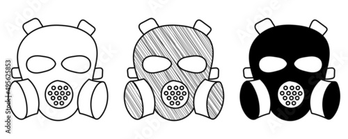 Set of hand drawn vector gas masks in a doodle cartoon style