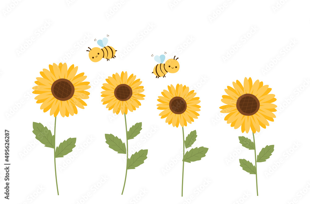 Sunflower field with flying bee cartoon isolated on white background vector. Sunflower field with flying bee cartoon isolated on white background vector.