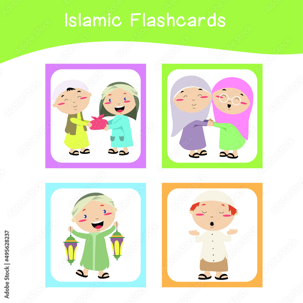 Cute Islamic image flashcards. Islamic flashcards collections. Colorful printable flashcards for preschool Educational printable game cards. Vector illustration