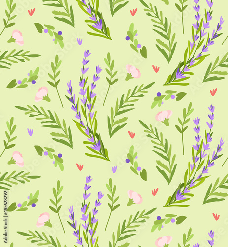 Lavender seamless vector pattern on green background. Cute floral spring print. Modern texture design. Flat style illustration