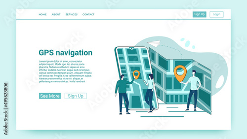 GPS navigation.People study maps and search for locations using an app on their smartphone.An illustration in the style of a green landing page.