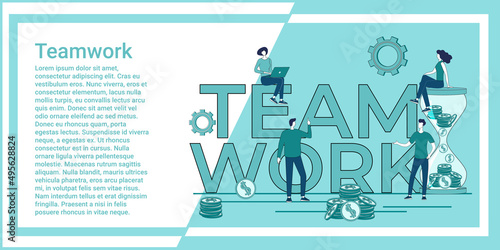 Teamwork.People work together on business projects.An illustration in the style of a green landing page.