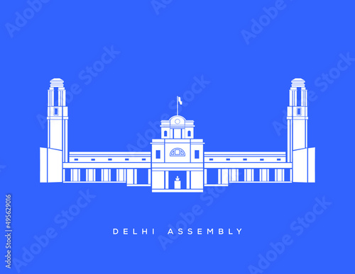 Delhi Assembly building vector icon. Delhi Vidhan bhavan on blue background.