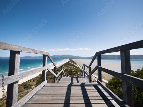 Wooden staircase at the Neck of Bruny island in Tasmania, Australia