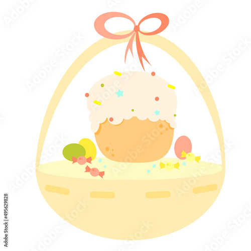 Vector illustration of an Easter bun with pink icing and colored dragees in a basket. Easter basket. Easter. Isolated