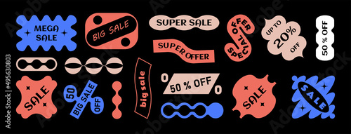 Vector stickers of unusual shapes with special offers and sales promotions.