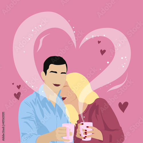 An illustration depicting a couple in love drinking hot tea or coffee, and the steam coming out of the cups takes the shape of a heart. Great for a Valentine's Day postcard